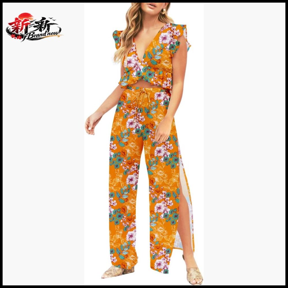 Cotton Polyester Crop Top Wide Leg Pants Set Jumpsuit